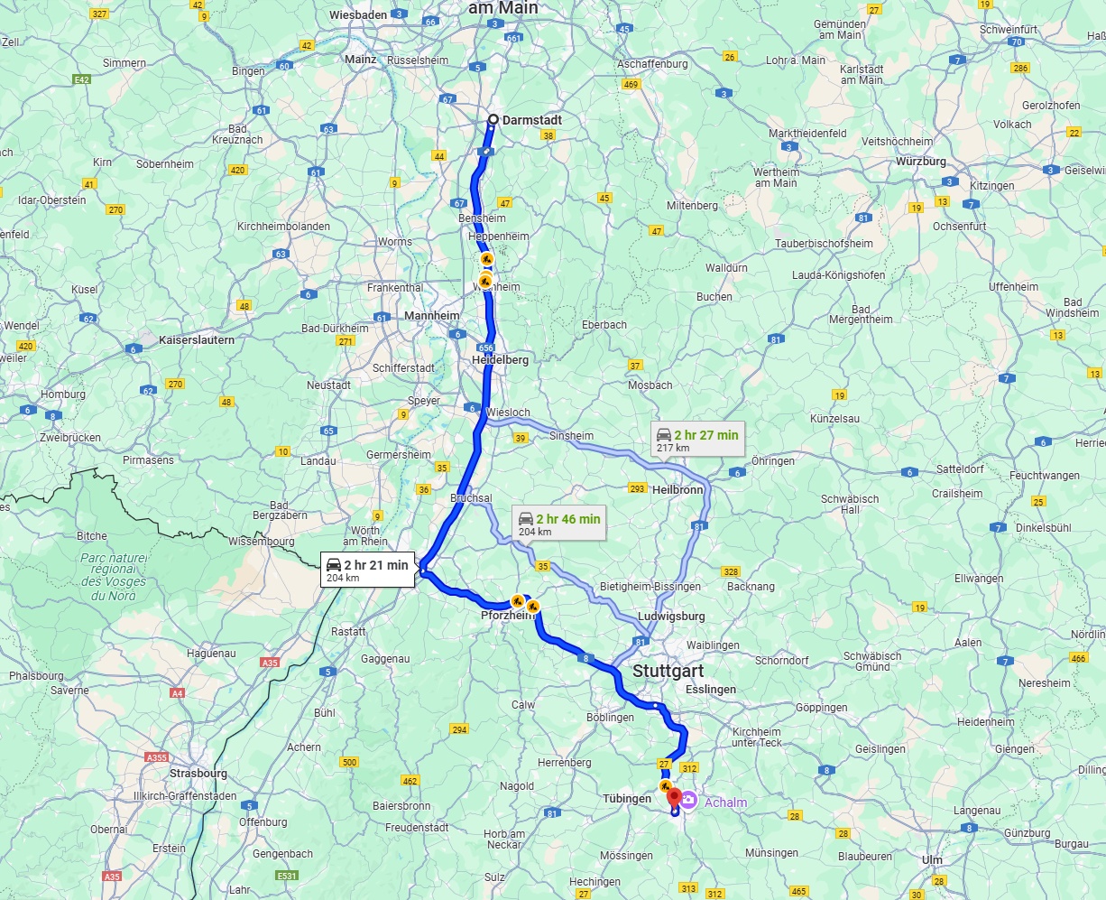 Anreise von Darmstadt Zu Reutlingen Über via A5 and A8