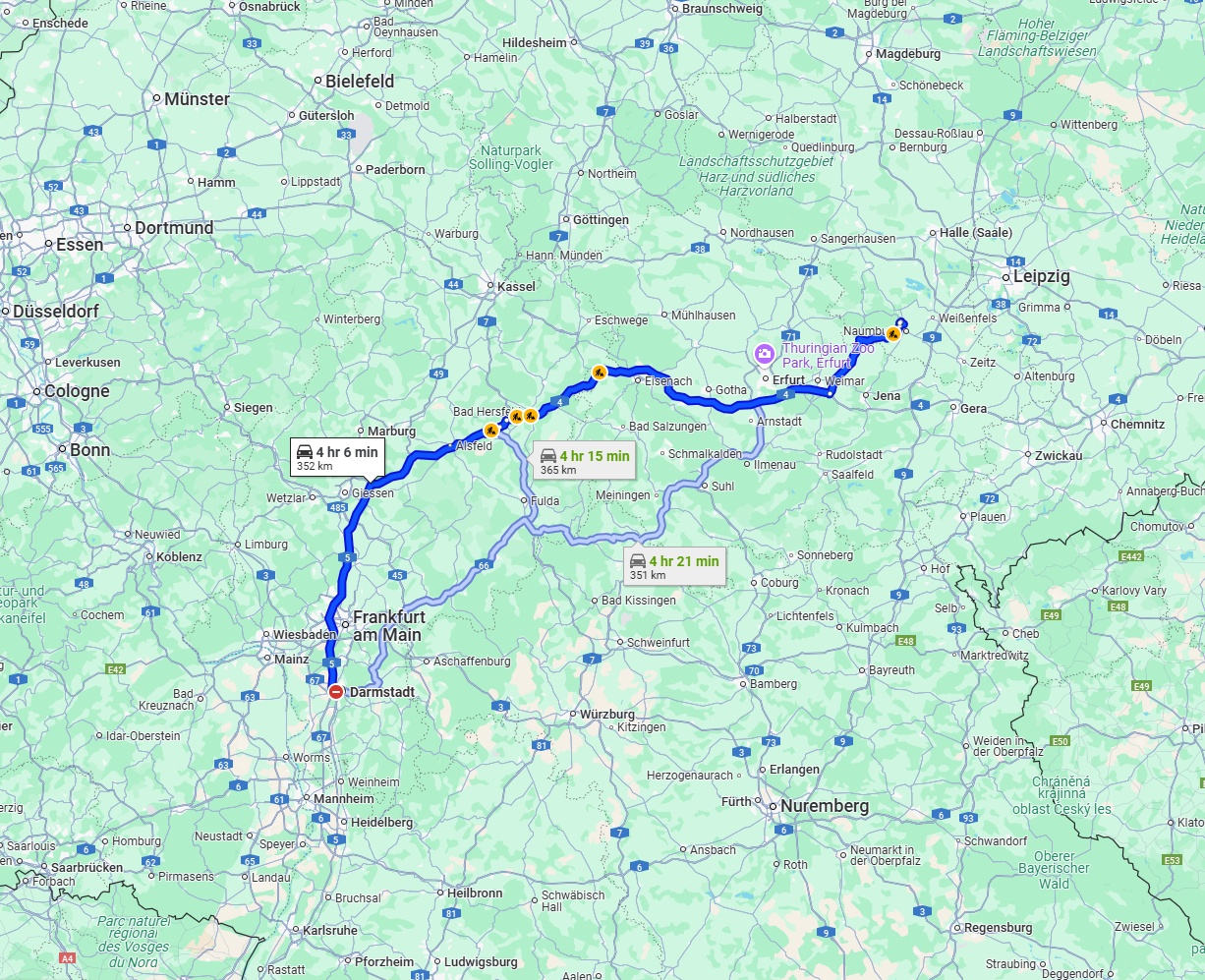 Anreise von Darmstadt Zu Saale Über via A5 and A4