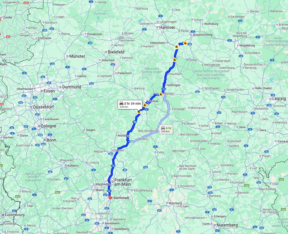 Anreise von Darmstadt Zu Salzgitter Über via A5, A49 and A7