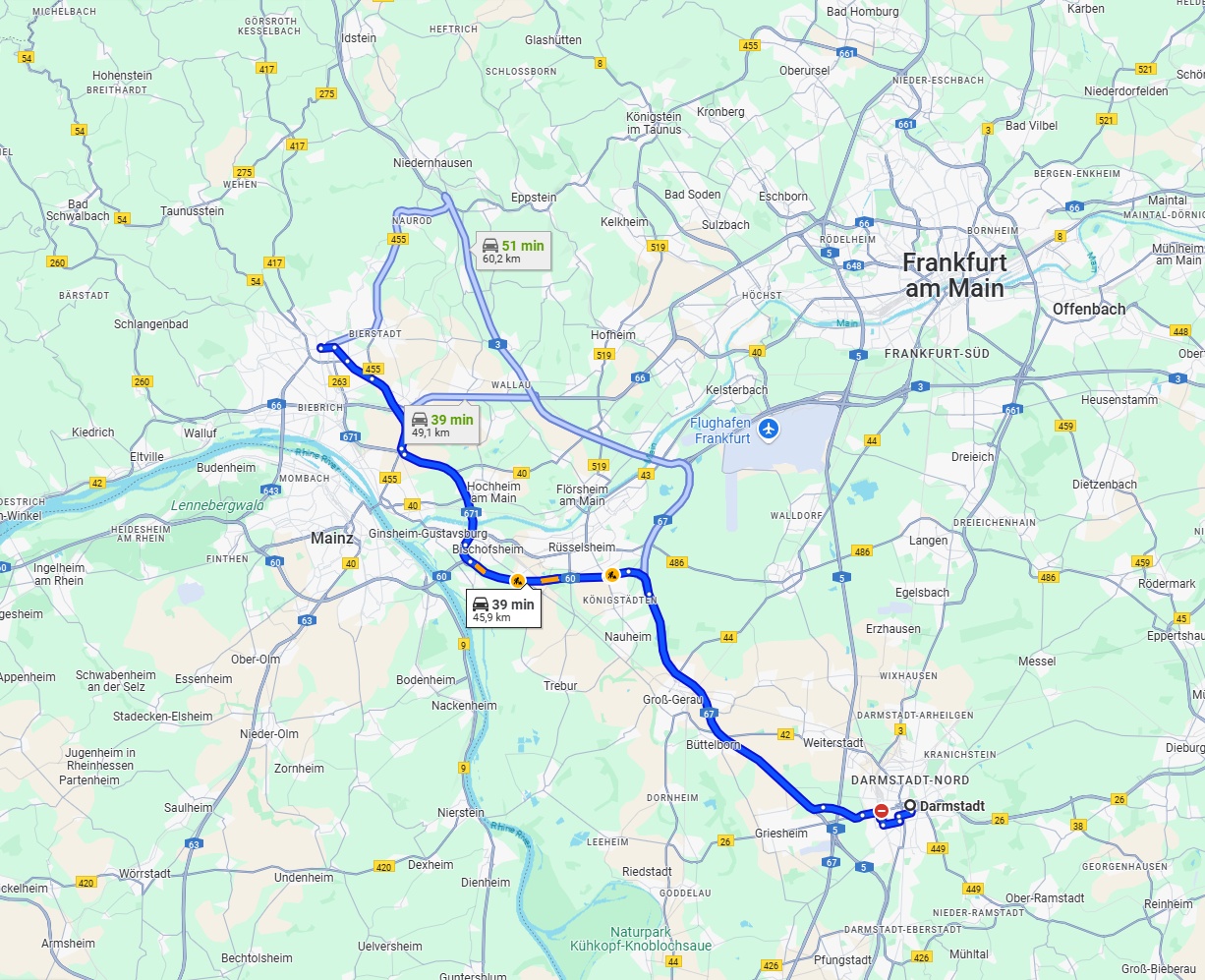 Anreise von Darmstadt Zu Wiesbaden Über via A67