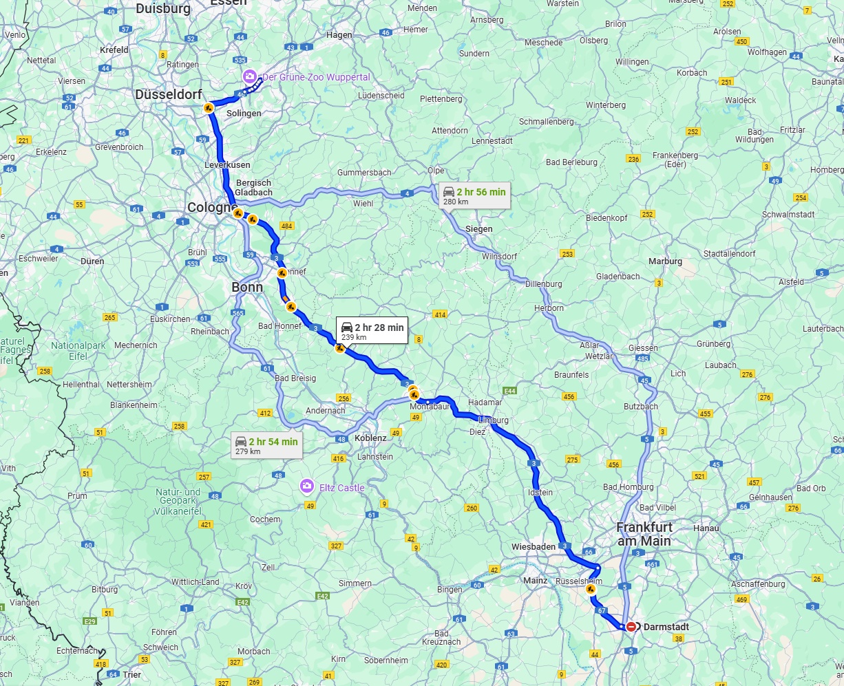 Anreise von Darmstadt Zu Wuppertal Über via A3