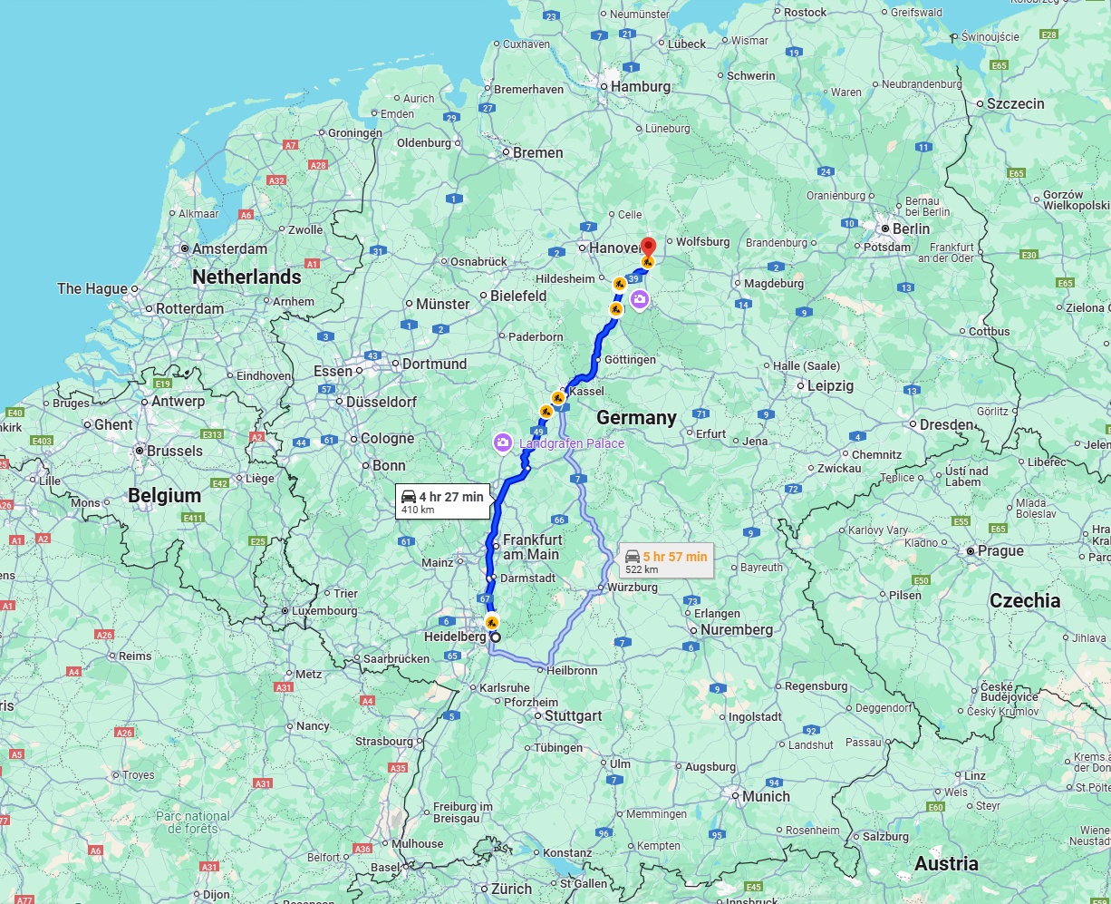 Anreise von Heidelberg Zu Braunschweig Über via A5 and A7