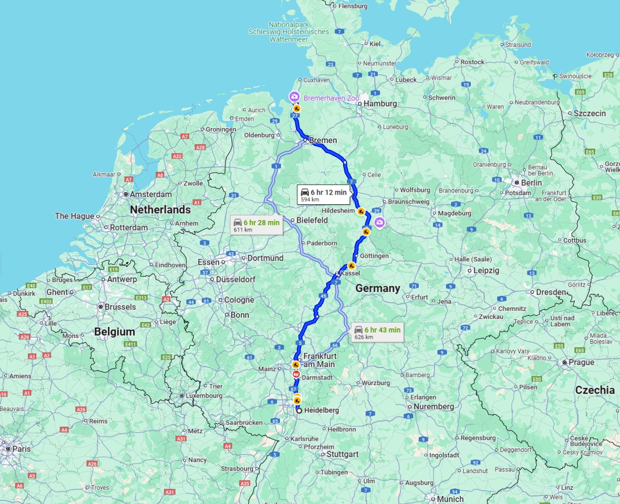 Anreise von Heidelberg Zu Bremerhaven Über via A5 and A7