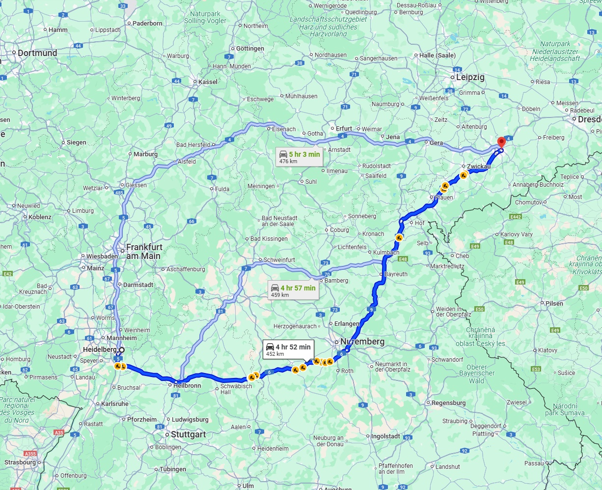 Anreise von Heidelberg Zu Chemnitz Über via A6 and A9