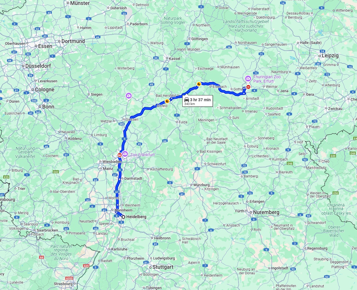 Anreise von Heidelberg Zu Erfurt Über via A5 and A4