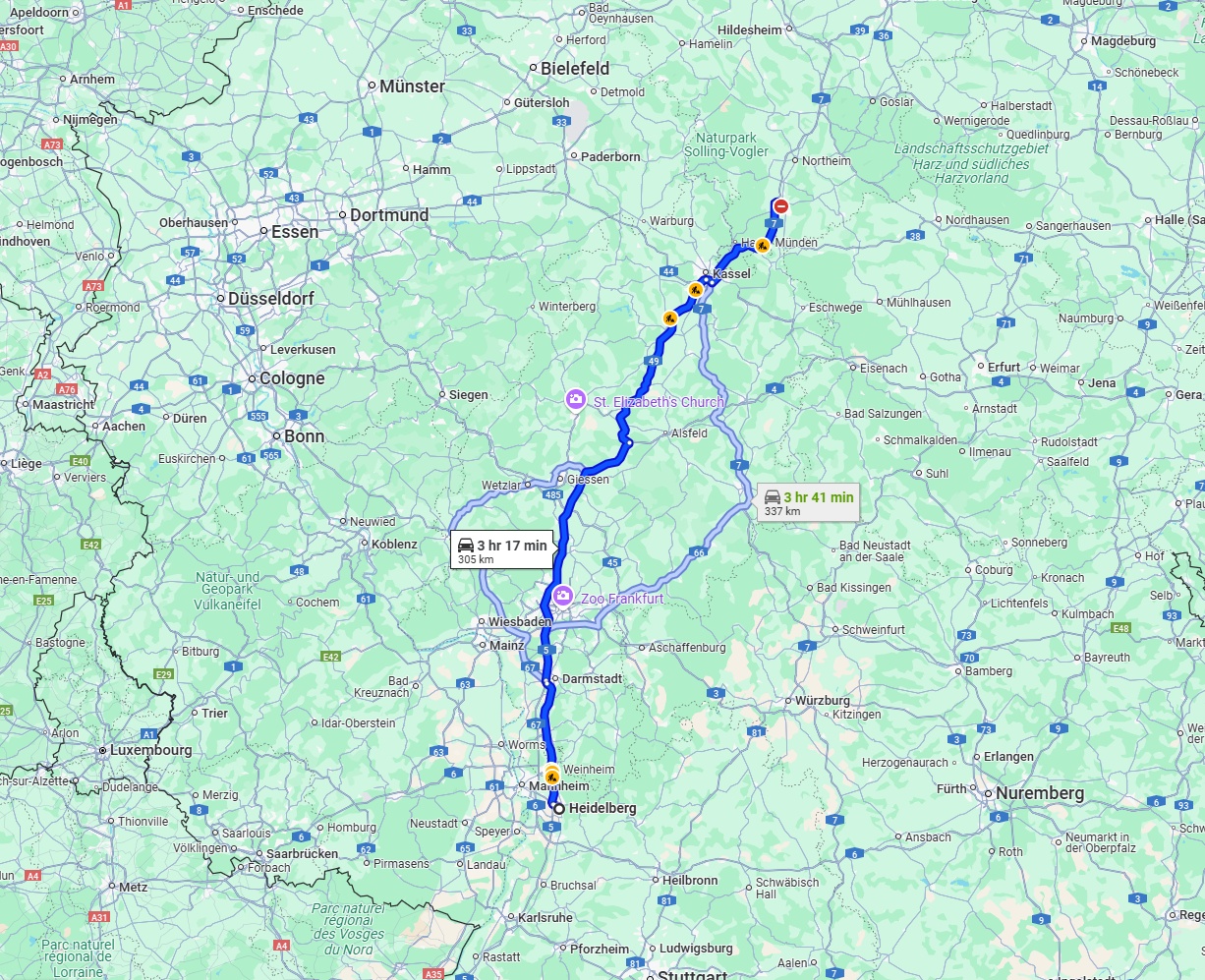 Anreise von Heidelberg Zu Göttingen Über via A5 and A49