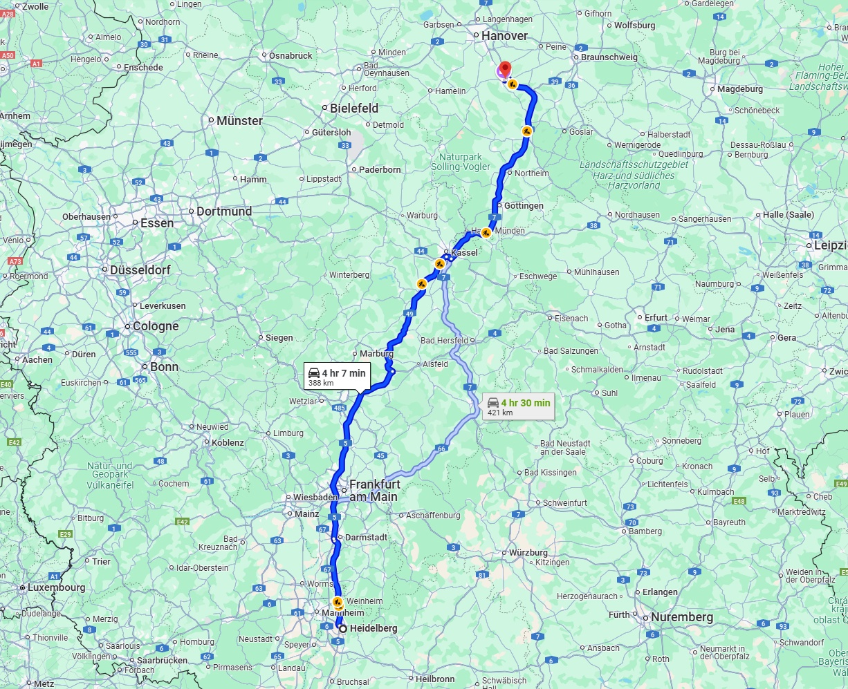 Anreise von Heidelberg Zu Hildesheim Über via A5 and A7