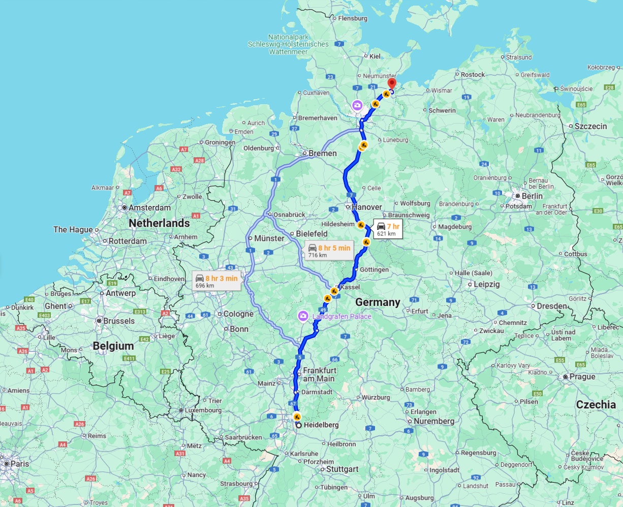Anreise von Heidelberg Zu Lübeck Über via A5 and A7