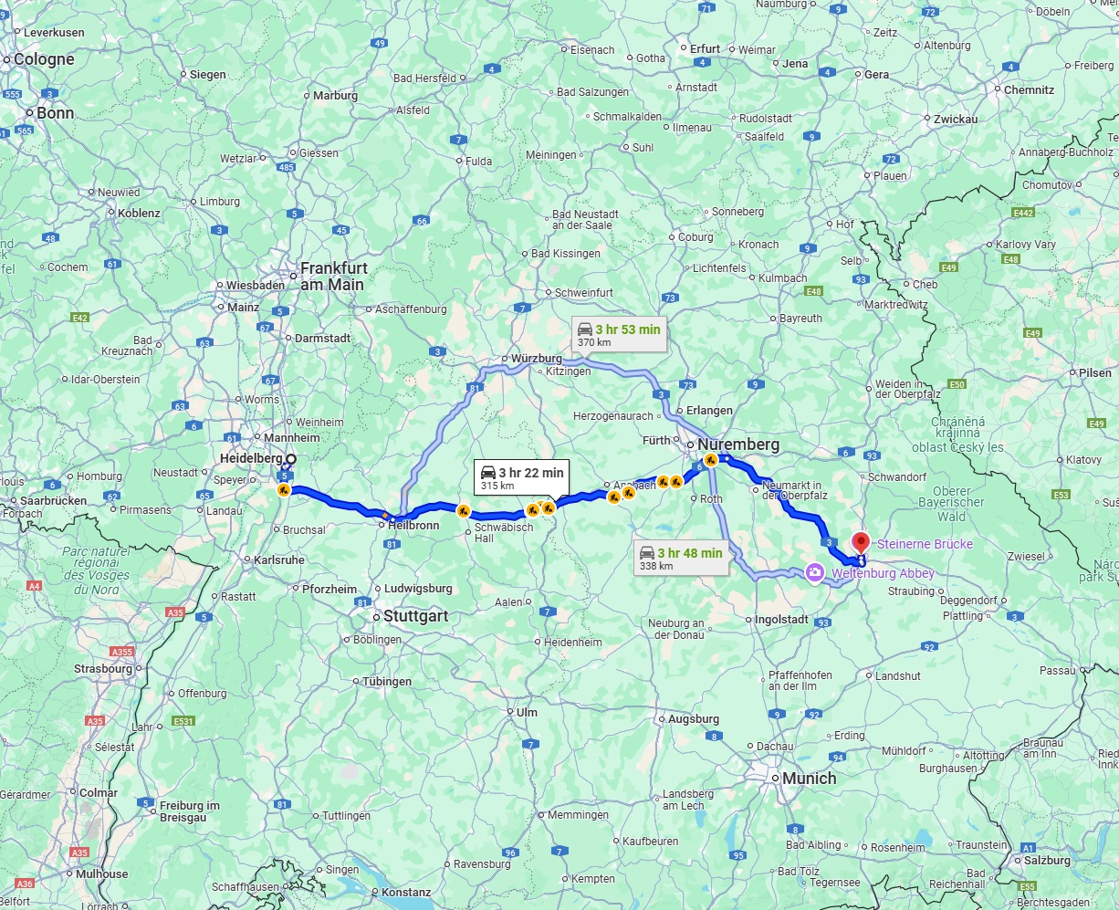 Anreise von Heidelberg Zu Regensburg Über via A6 and A3