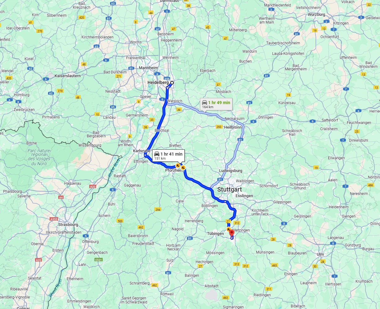 Anreise von Heidelberg Zu Reutlingen Über via A5 and A8