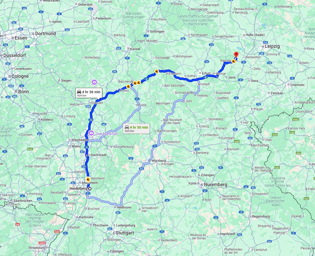 Anreise von Heidelberg Zu Saale Über via A5 and A4