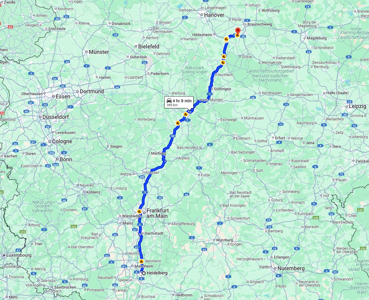 Anreise von Heidelberg Zu Salzgitter Über via A5 and A7