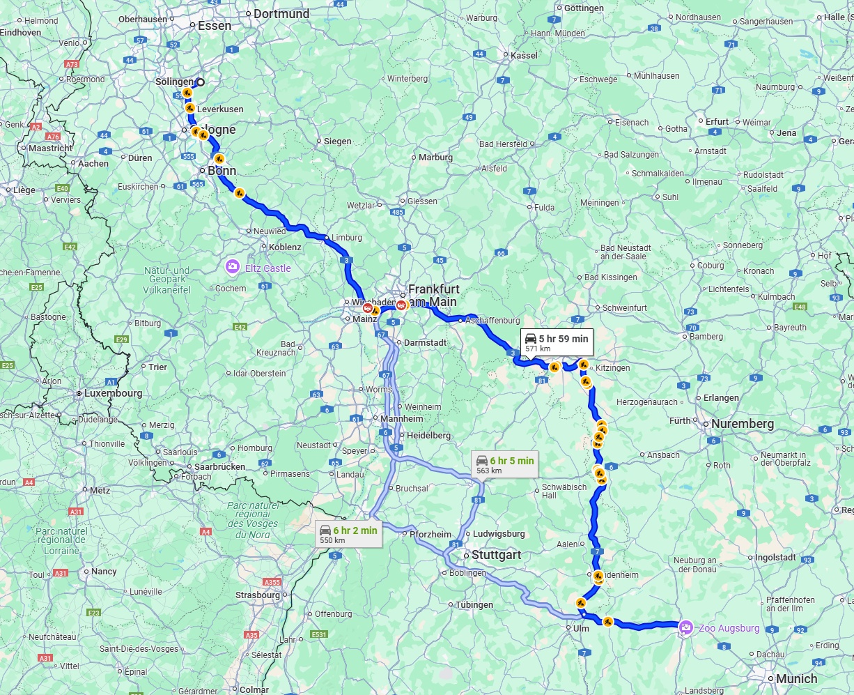 Anreise von Solingen Zu Augsburg Über via A3 and A7