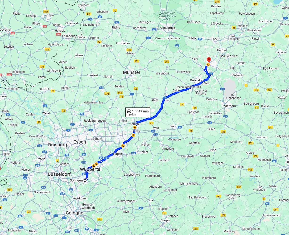 Anreise von Solingen Zu Bielefeld Über via A1 and A2