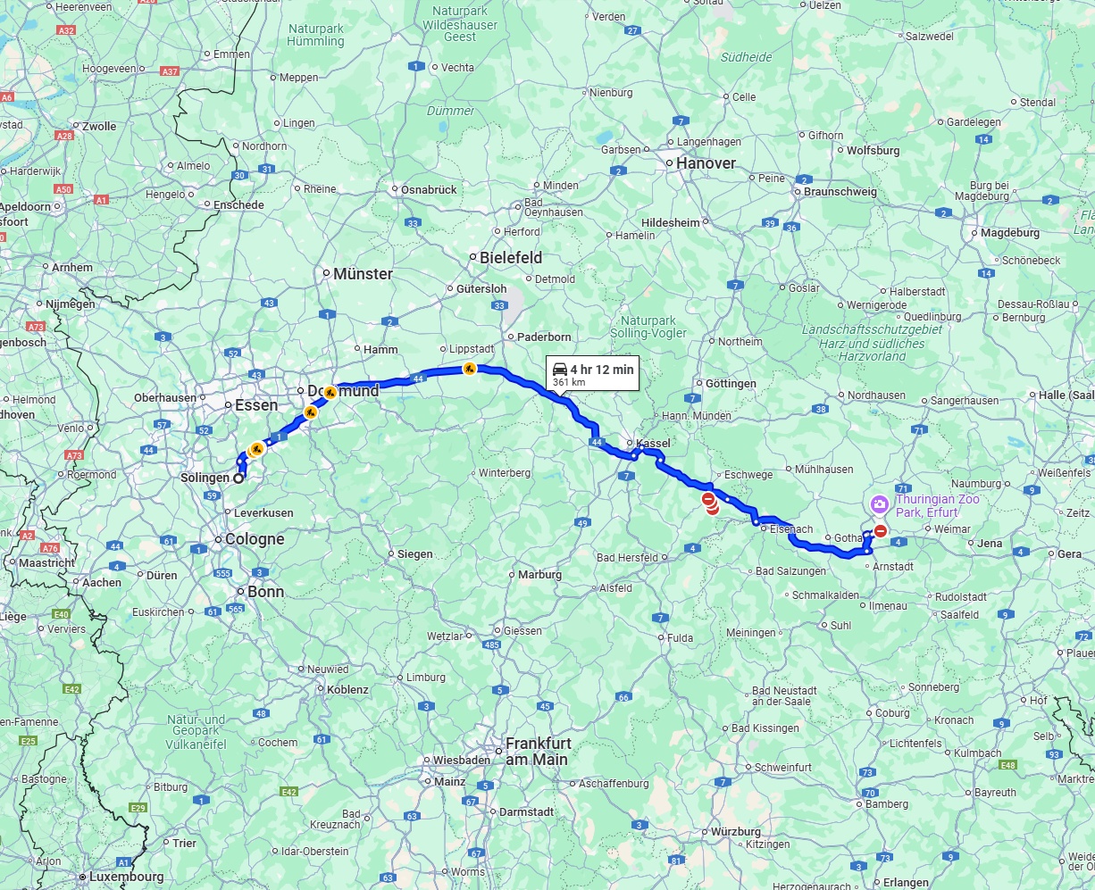 Anreise von Solingen Zu Erfurt Über via A44
