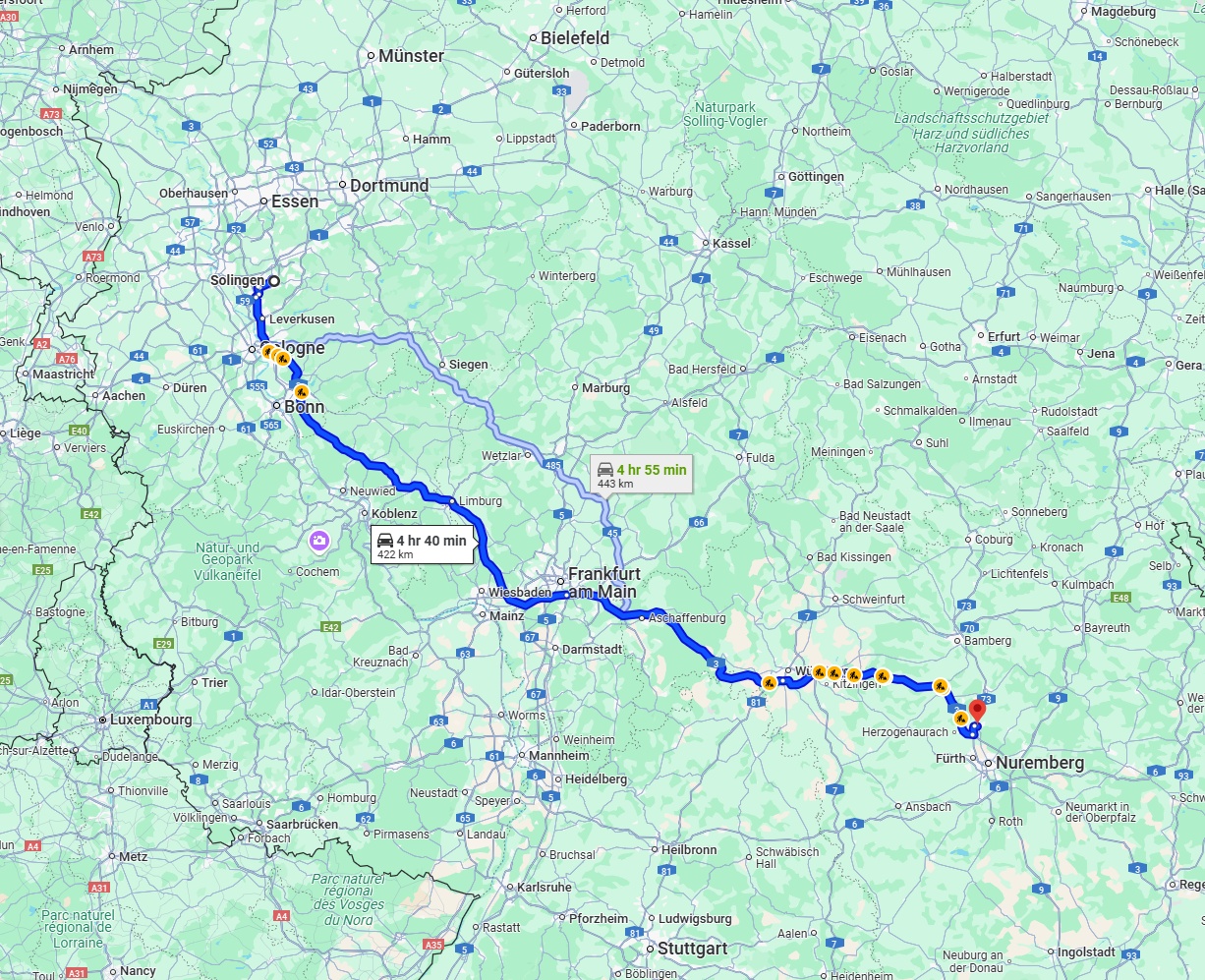 Anreise von Solingen Zu Erlangen Über via A3
