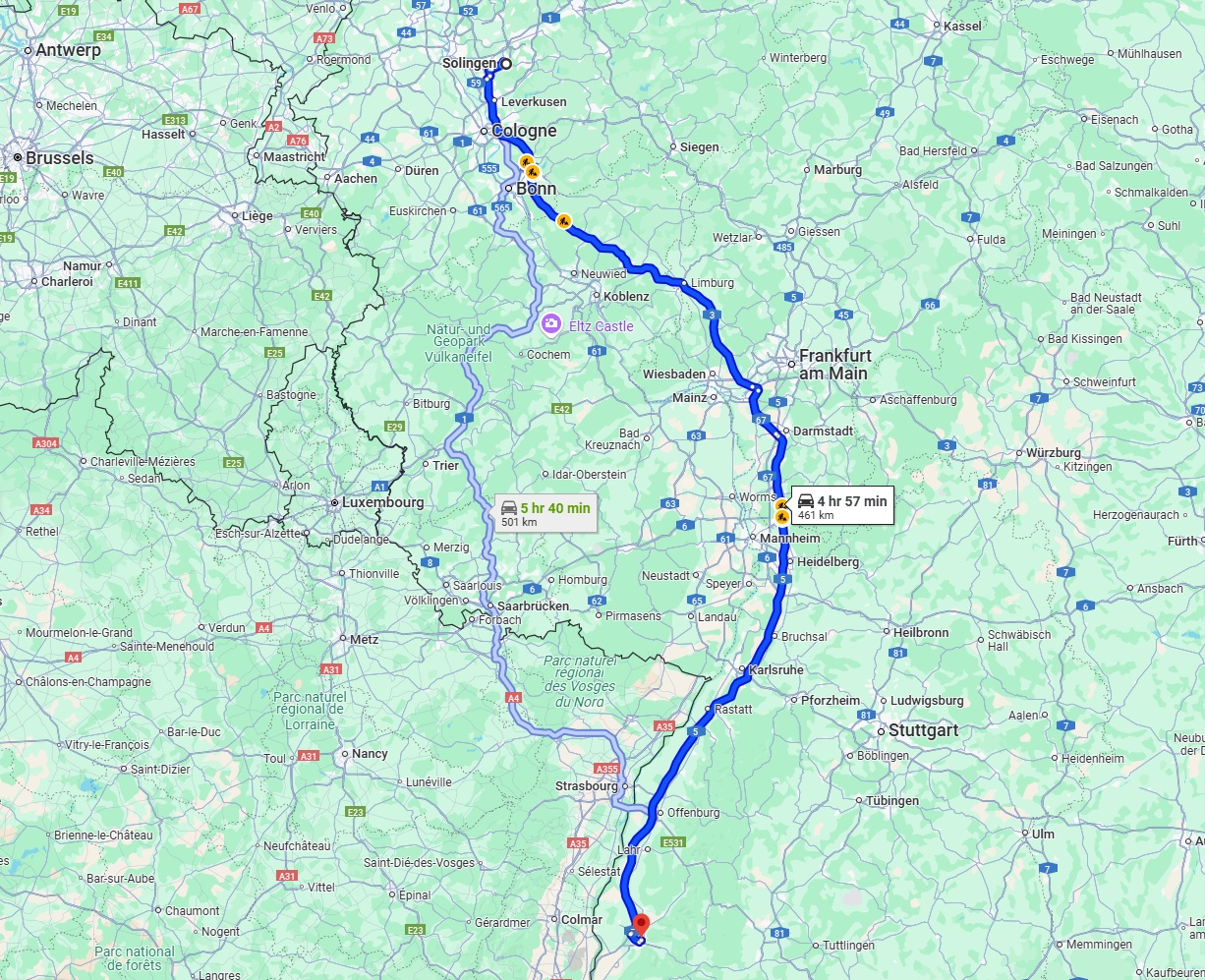 Anreise von Solingen Zu Freiburg im Breisgau Über via A3 and A5