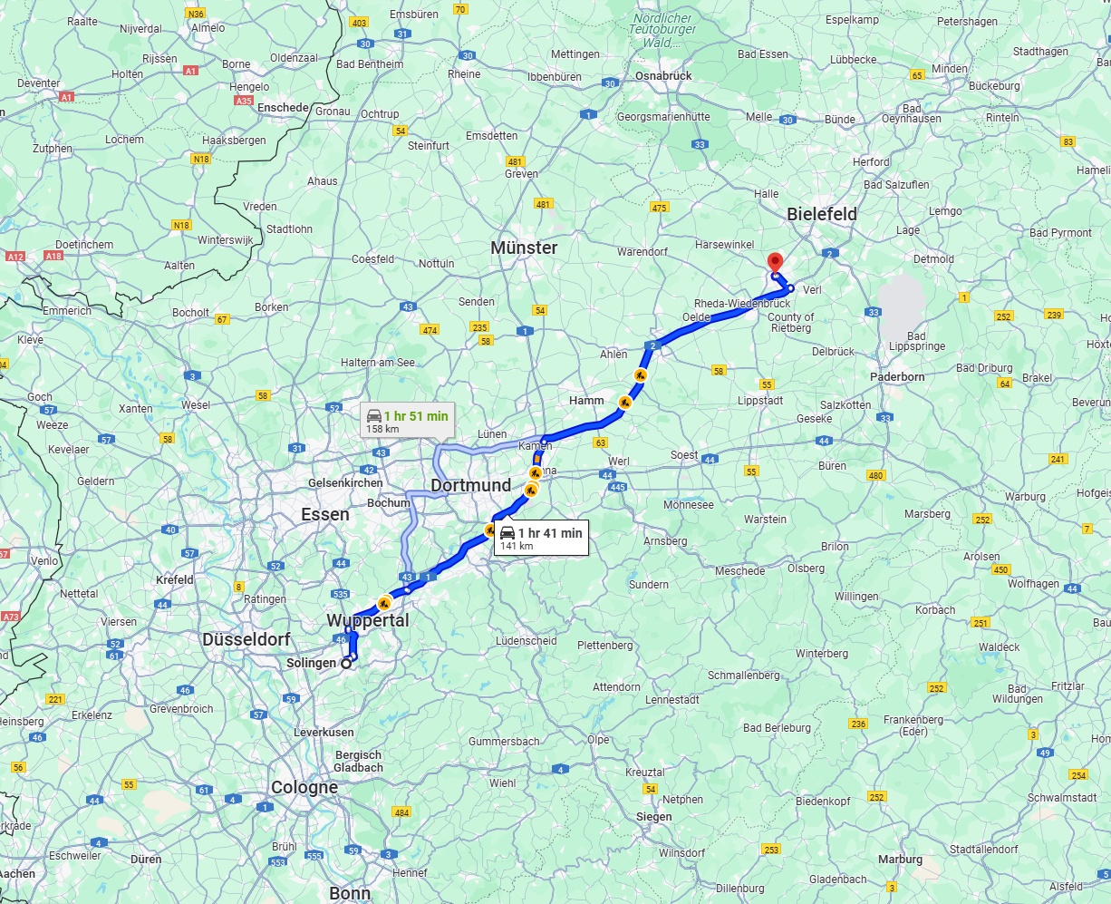 Anreise von Solingen Zu Gütersloh Über via A1 and A2