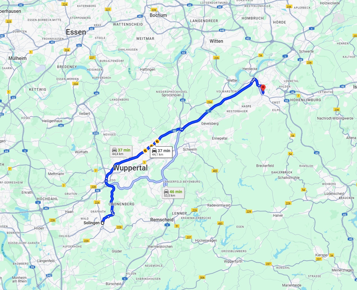 Anreise von Solingen Zu Hagen Über via A46 and A1