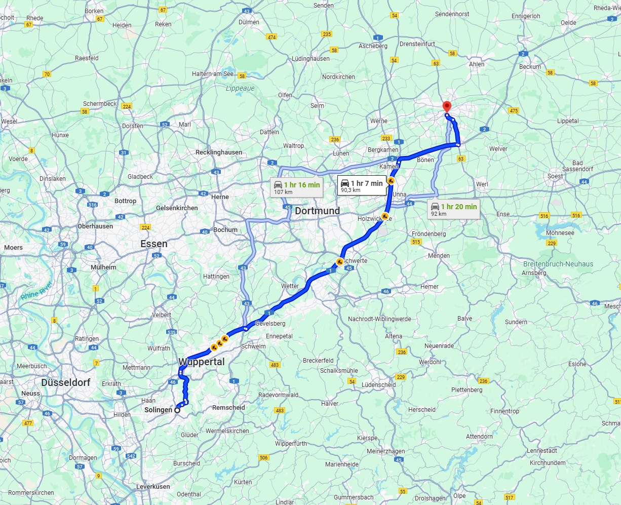 Anreise von Solingen Zu Hamm Über via A1