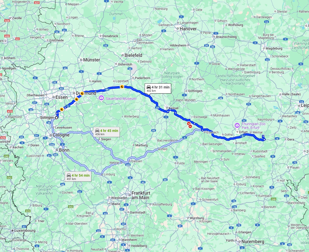 Anreise von Solingen Zu Jena Über via A44 and A4