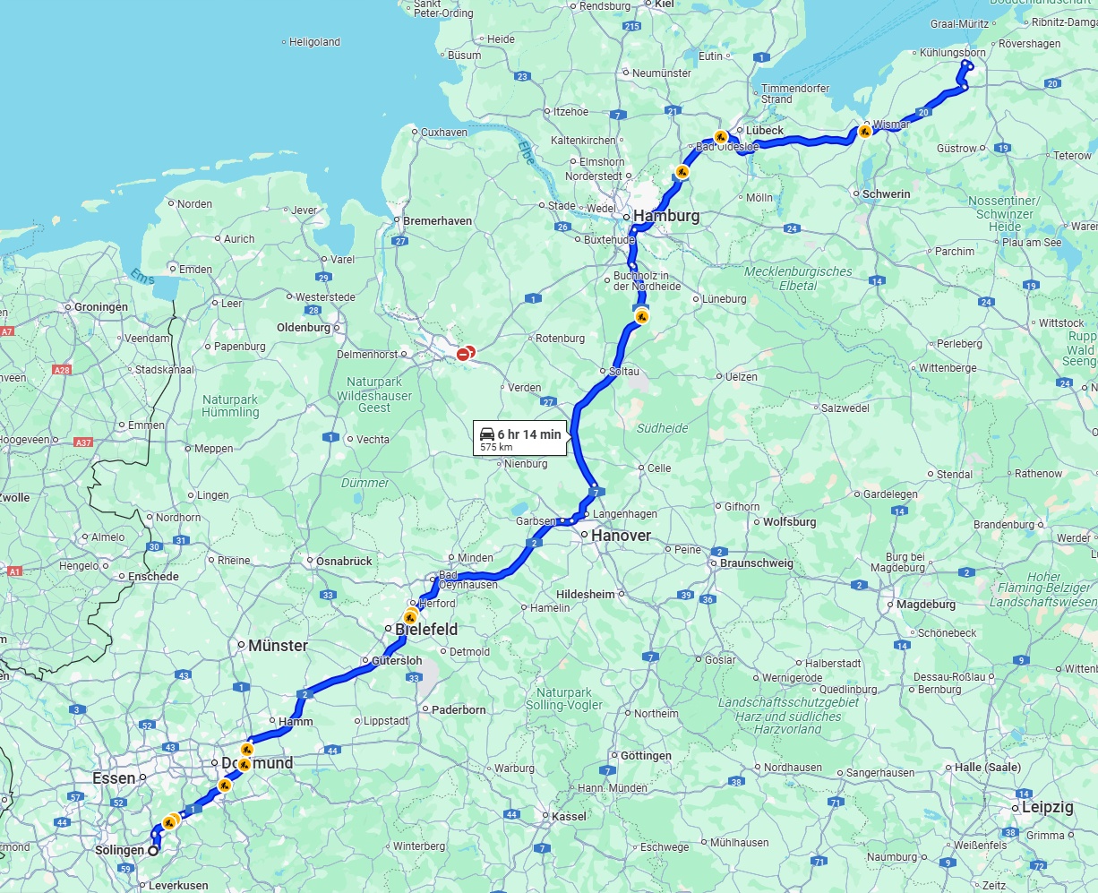 Anreise von Solingen Zu Rostock Über via A2