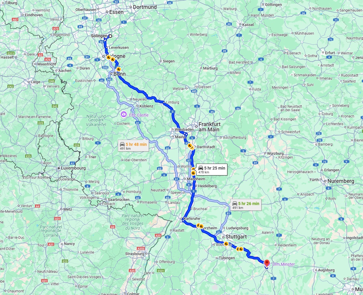 Anreise von Solingen Zu Ulm Über via A3 and A8