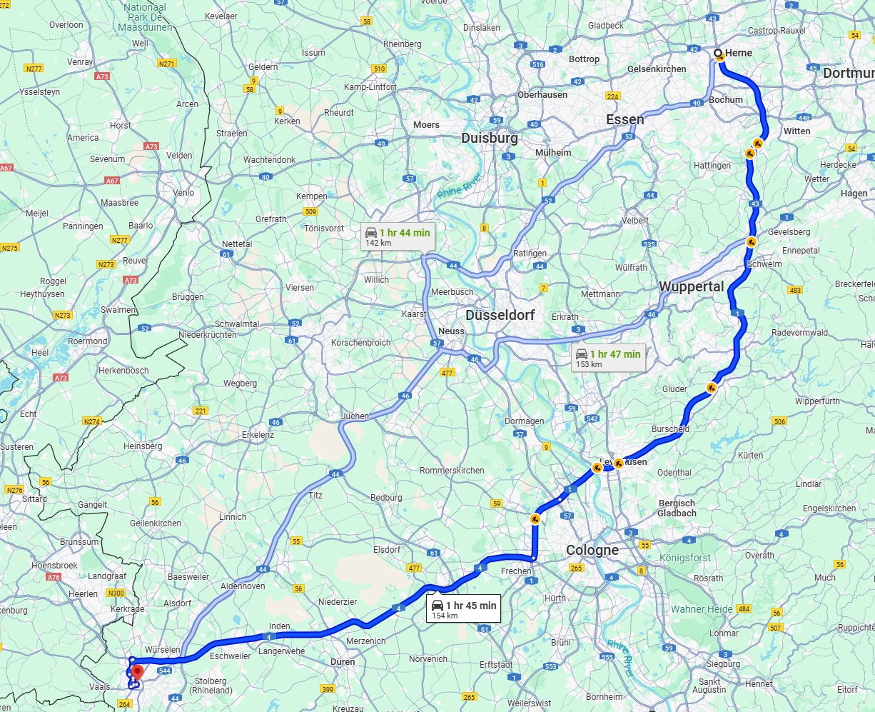 Anreise von Herne Zu Aachen Über via A1 and A4