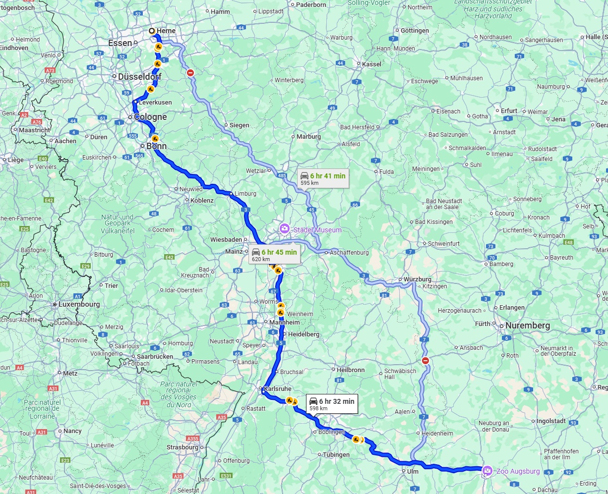 Anreise von Herne Zu Augsburg Über via A3 and A8