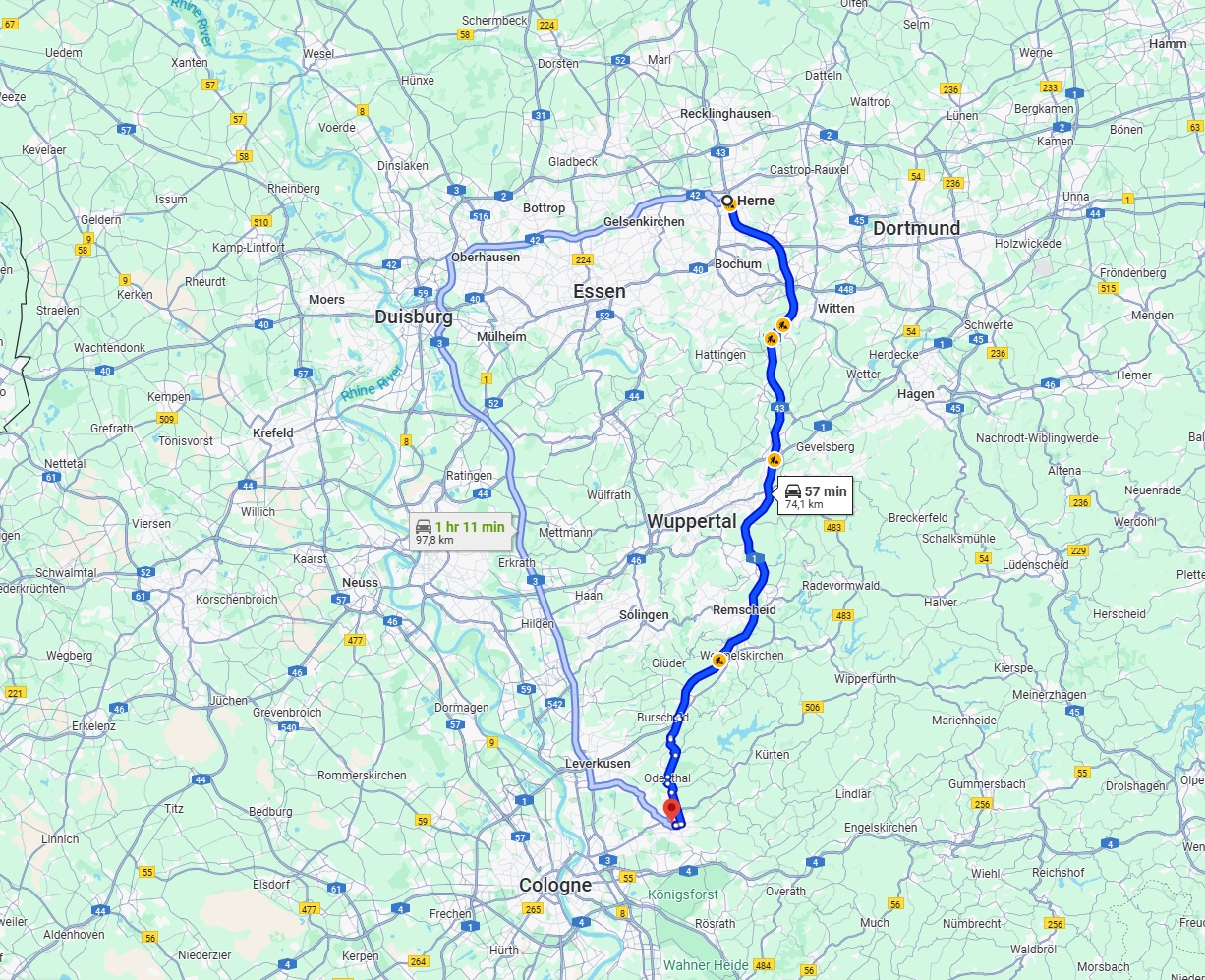 Anreise von Herne Zu Bergisch Gladbach Über via A43 and A1
