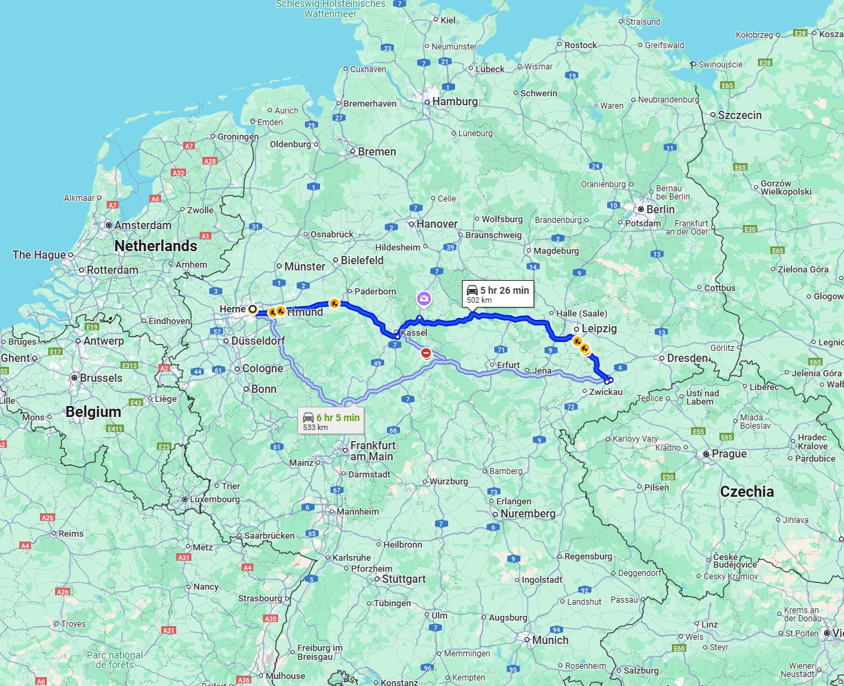 Anreise von Herne Zu Chemnitz Über via A44 and A38