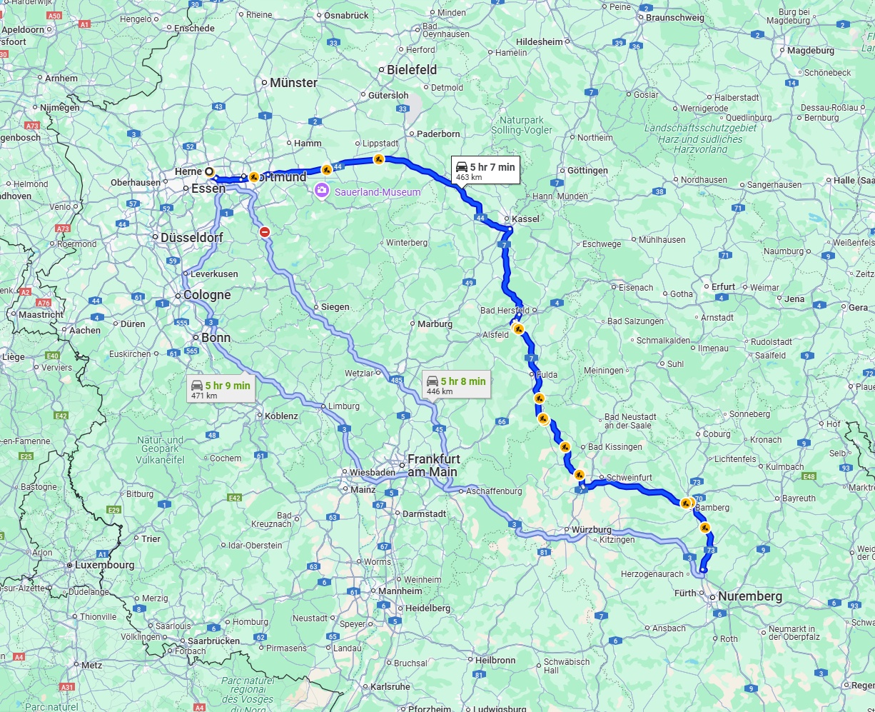 Anreise von Herne Zu Erlangen Über via A44 and A7