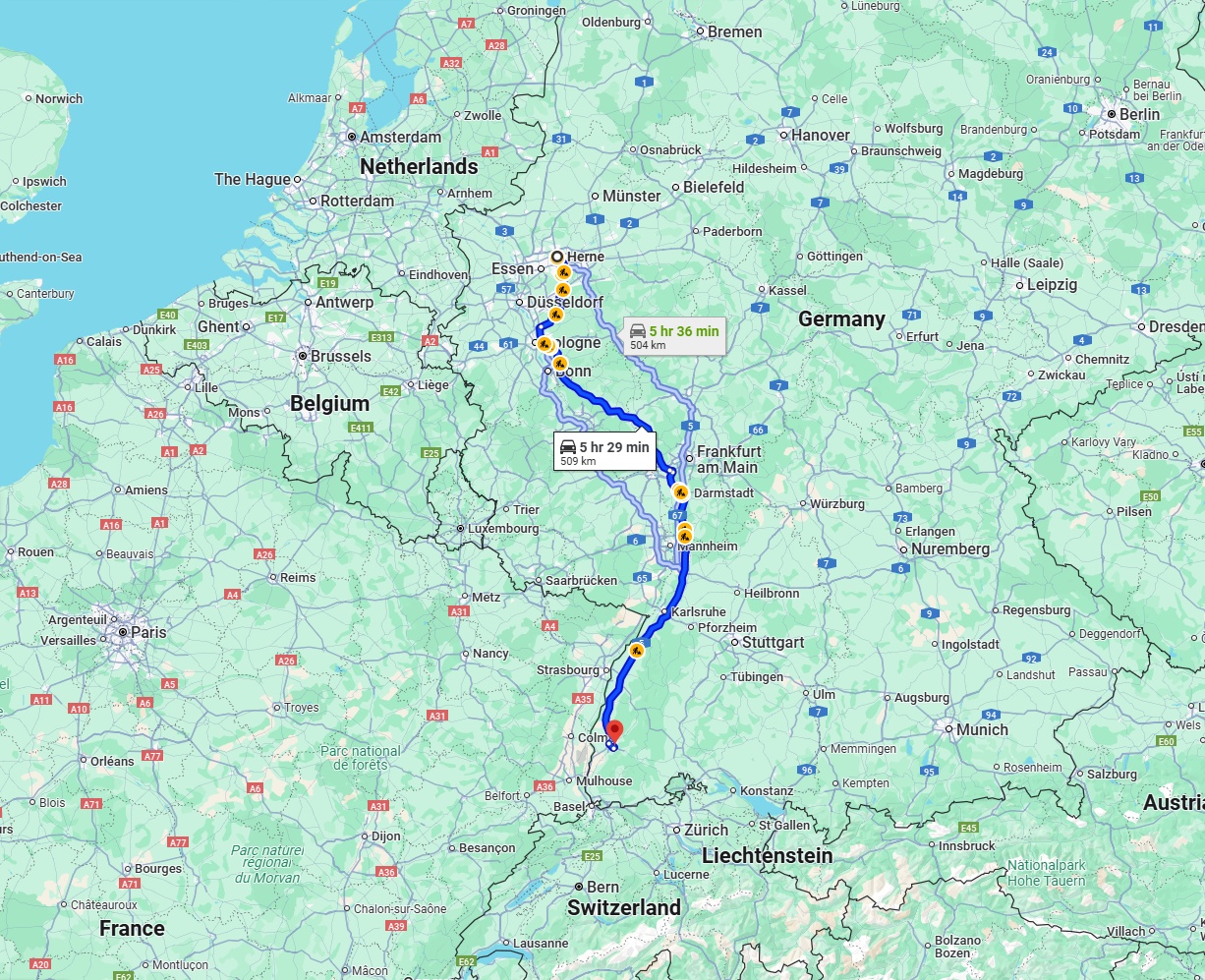 Anreise von Herne Zu Freiburg im Breisgau Über via A3 and A5