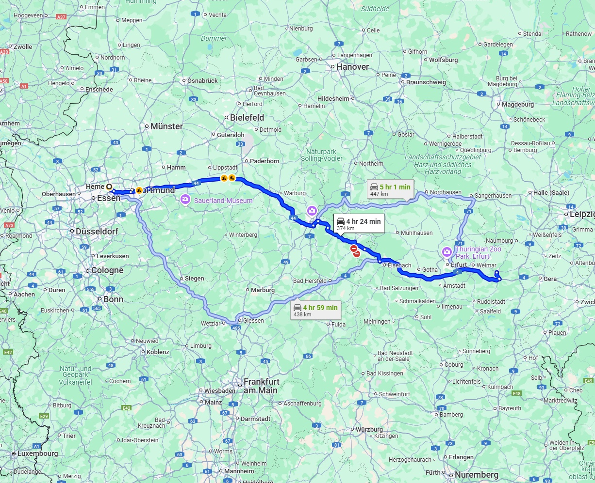 Anreise von Herne Zu Jena Über via A44 and A4