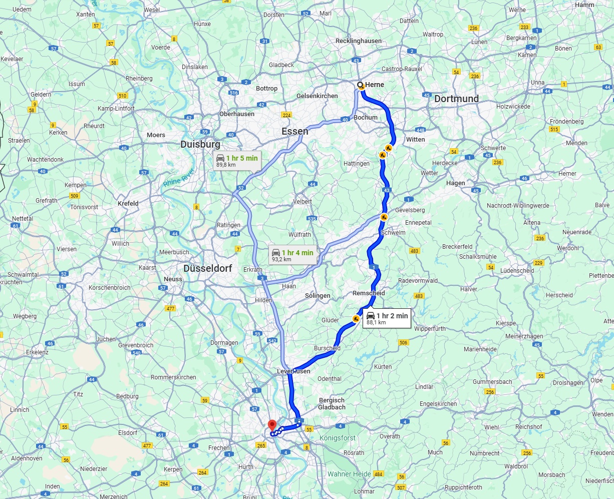 Anreise von Herne Zu Köln Über via A43 and A1