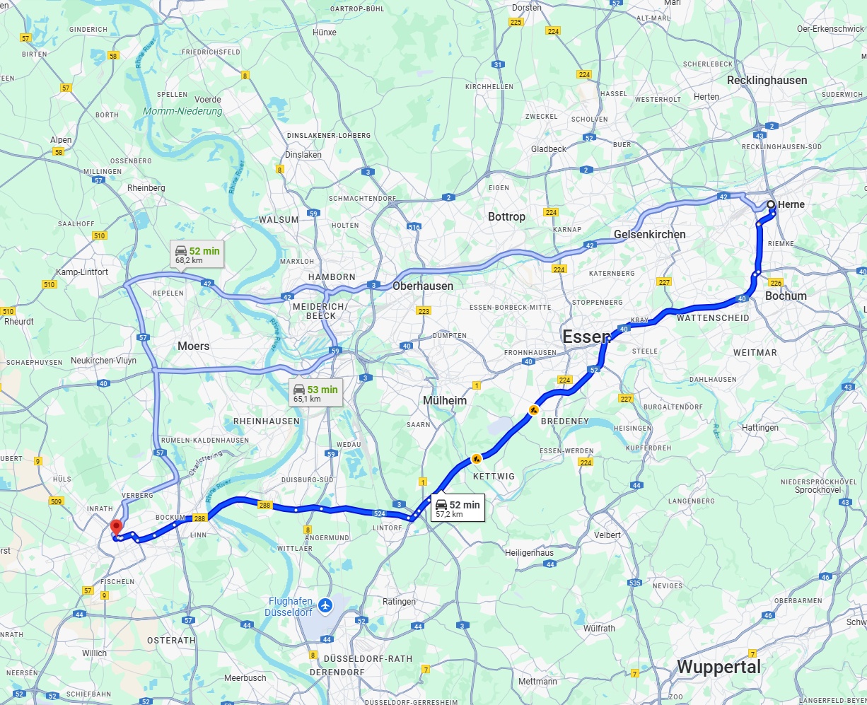 Anreise von Herne Zu Krefeld Über via A52