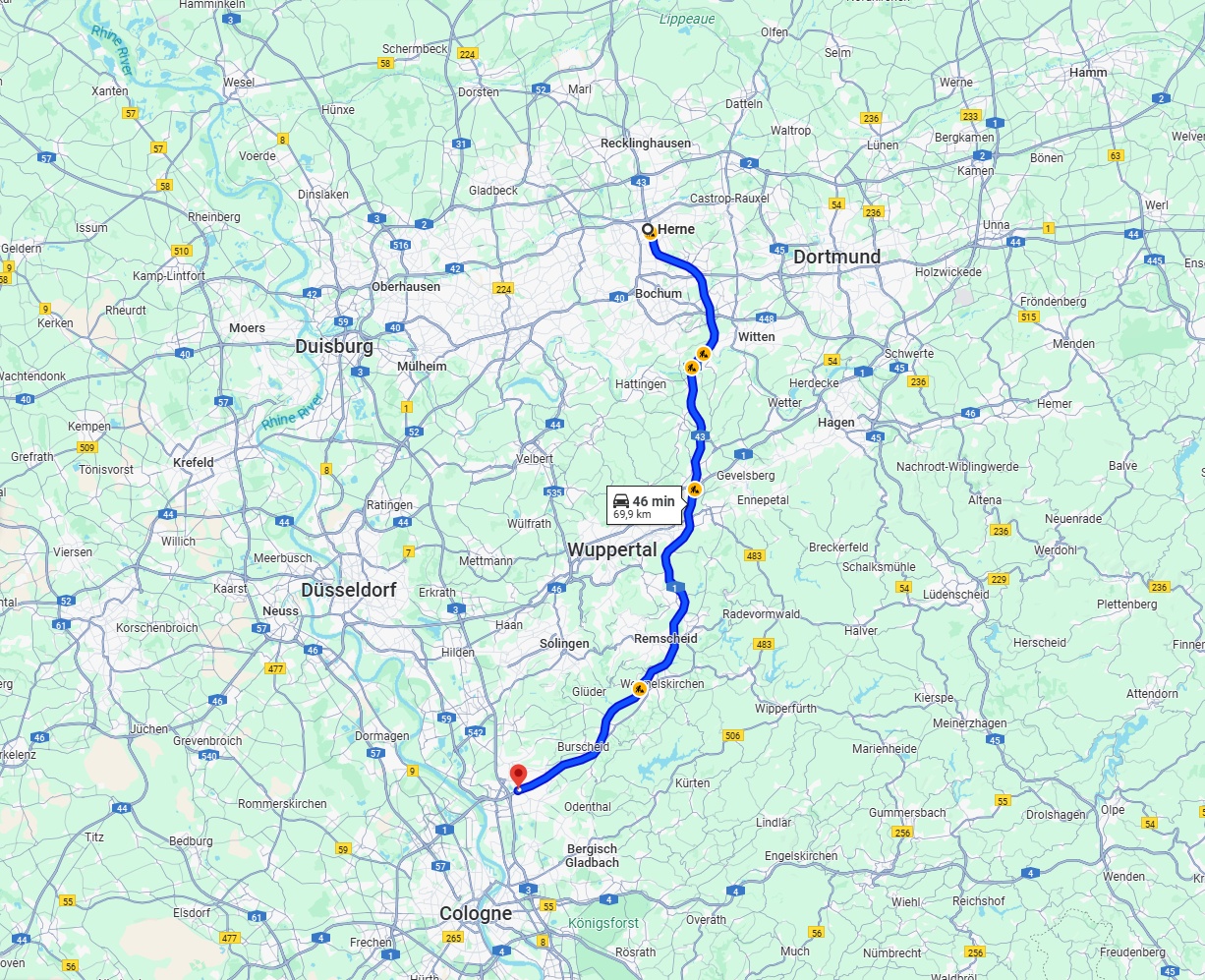 Anreise von Herne Zu Leverkusen Über via A43 and A1
