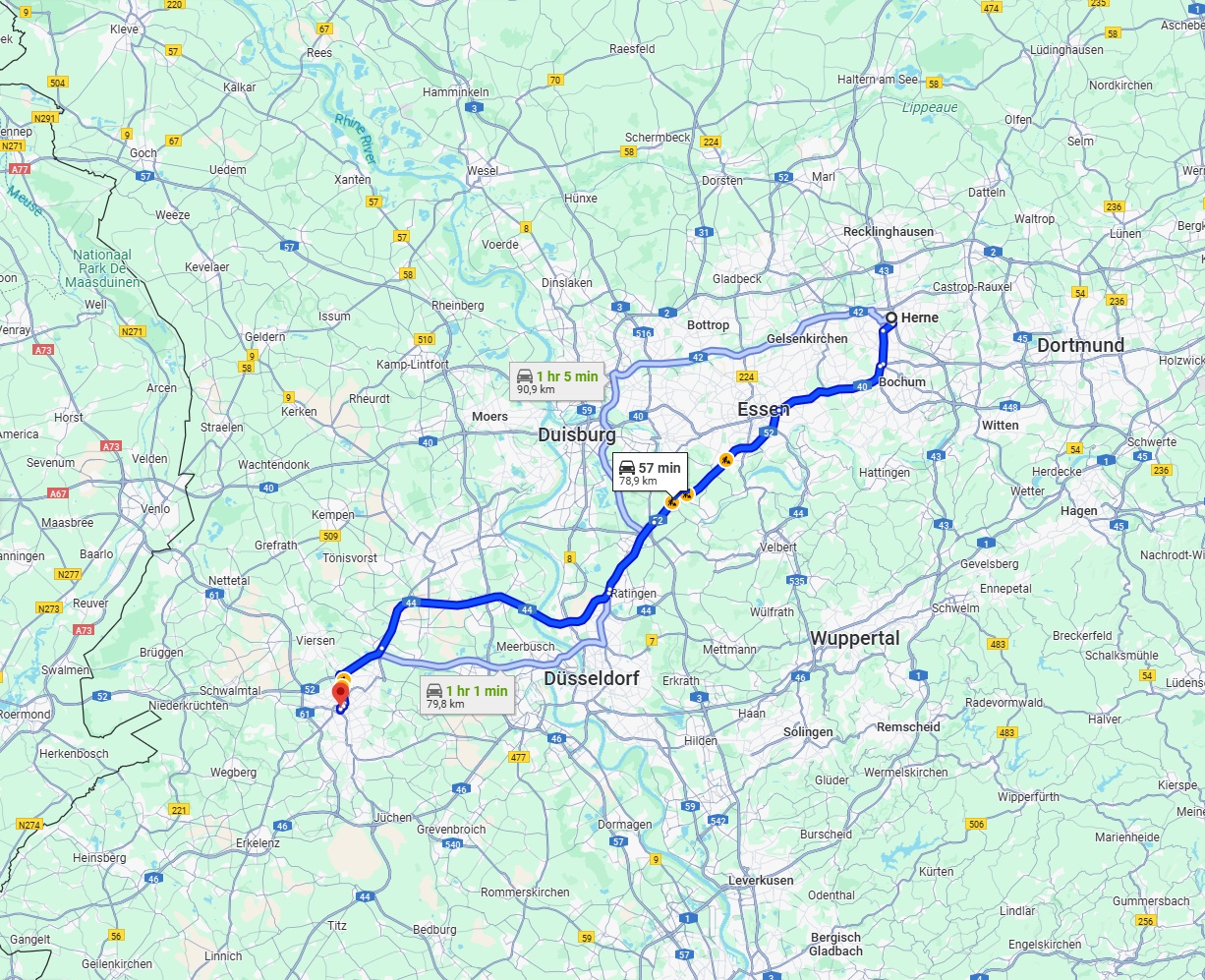 Anreise von Herne Zu Mönchengladbach Über via A44 and A52