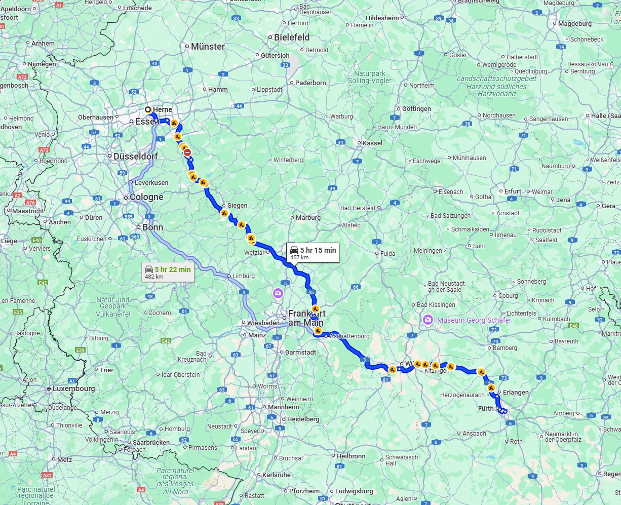 Anreise von Herne Zu Nürnberg Über via A45 and A3