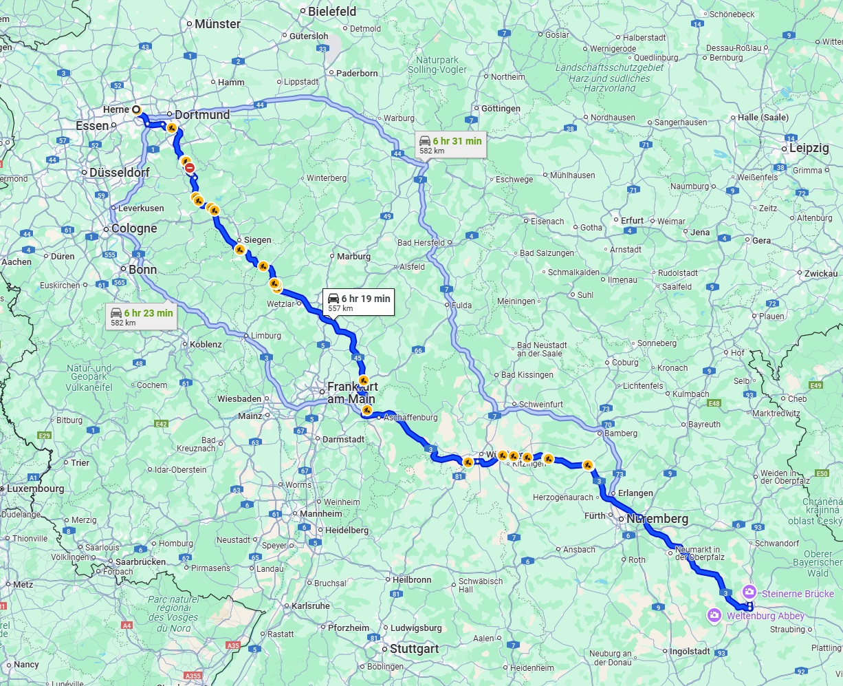 Anreise von Herne Zu Regensburg Über via A45 and A3