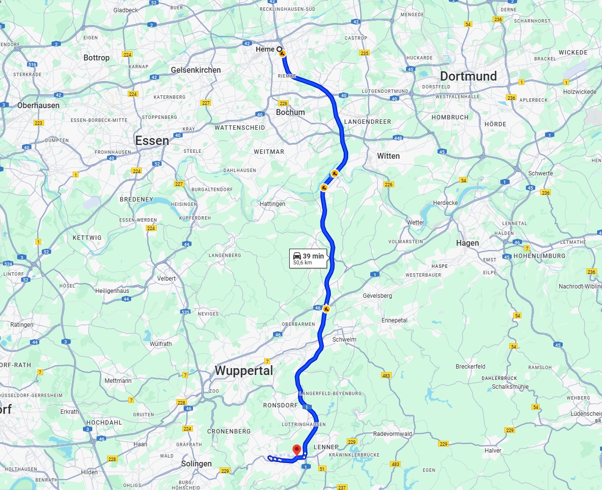 Anreise von Herne Zu Remscheid Über via A43 and A1
