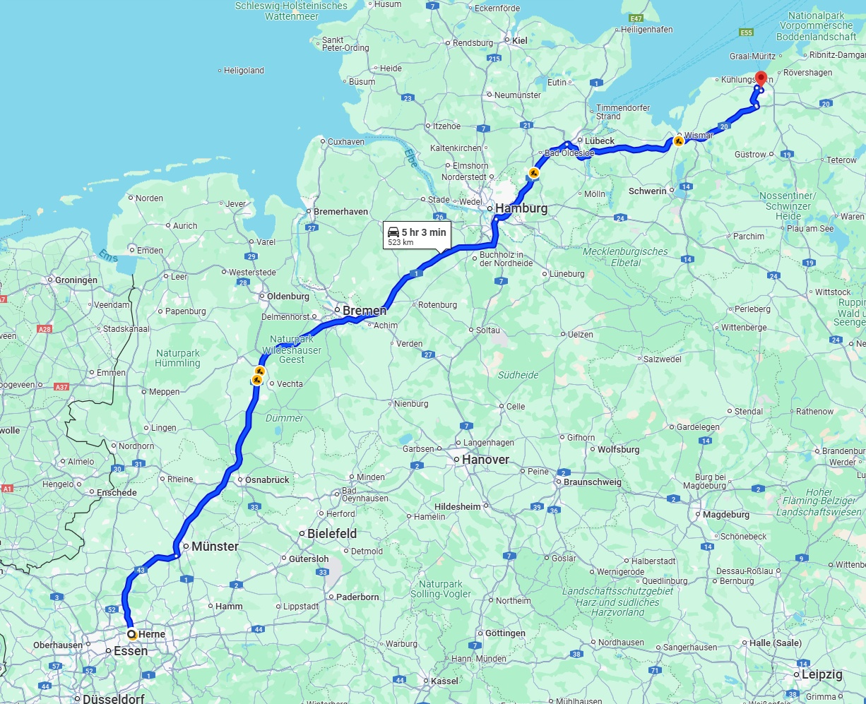 Anreise von Herne Zu Rostock Über via A1