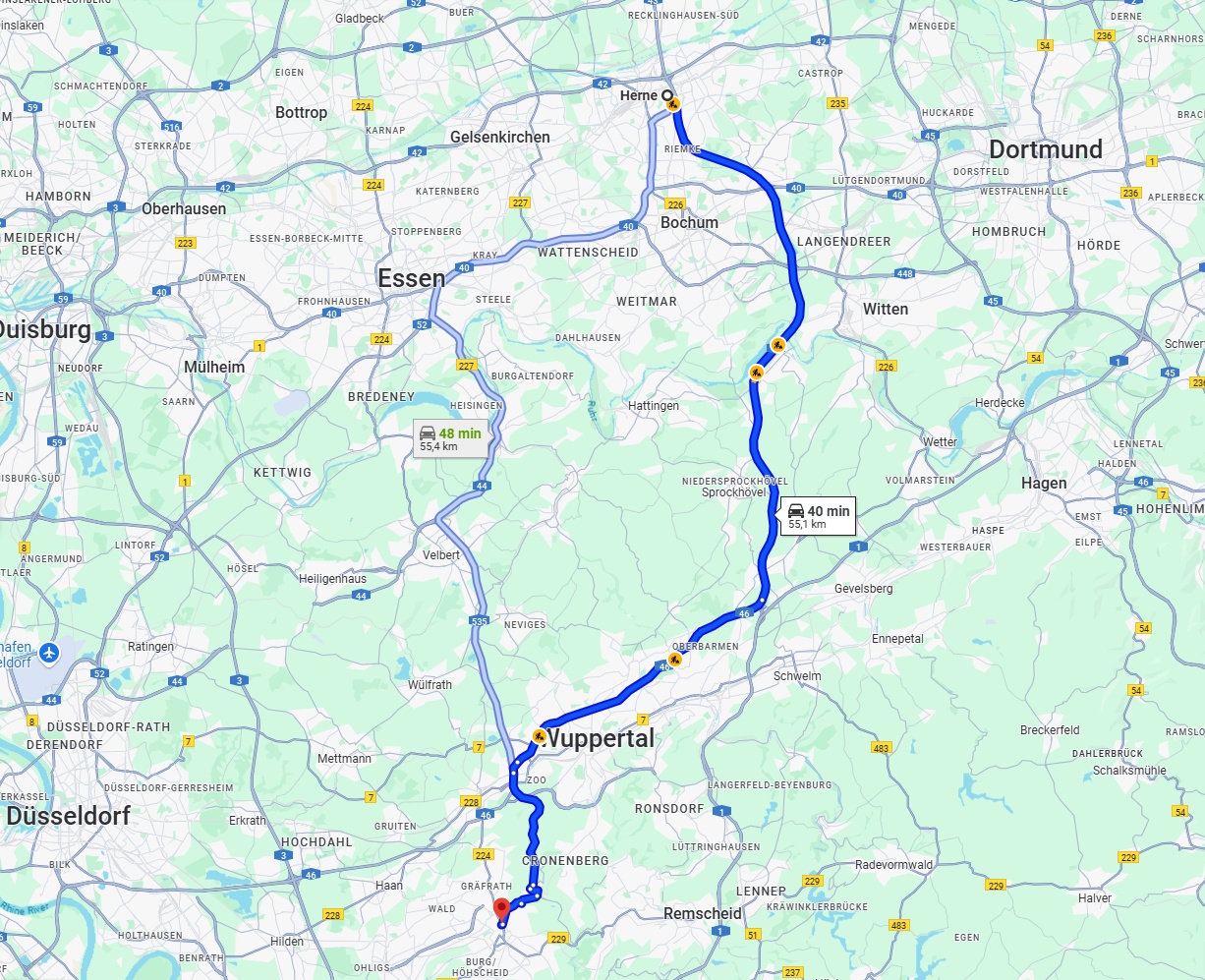 Anreise von Herne Zu Solingen Über via A43 and A46