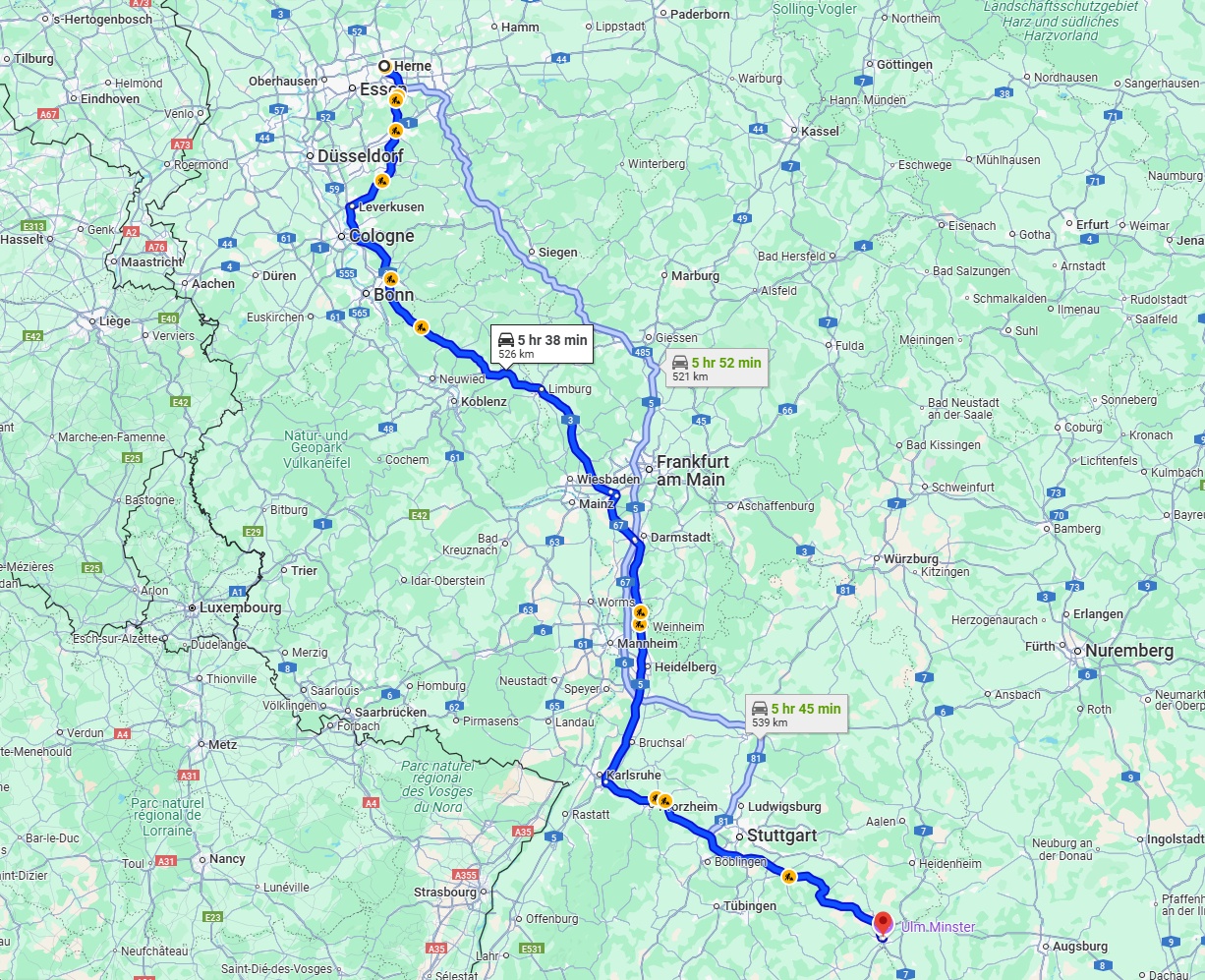 Anreise von Herne Zu Ulm Über via A3 and A8