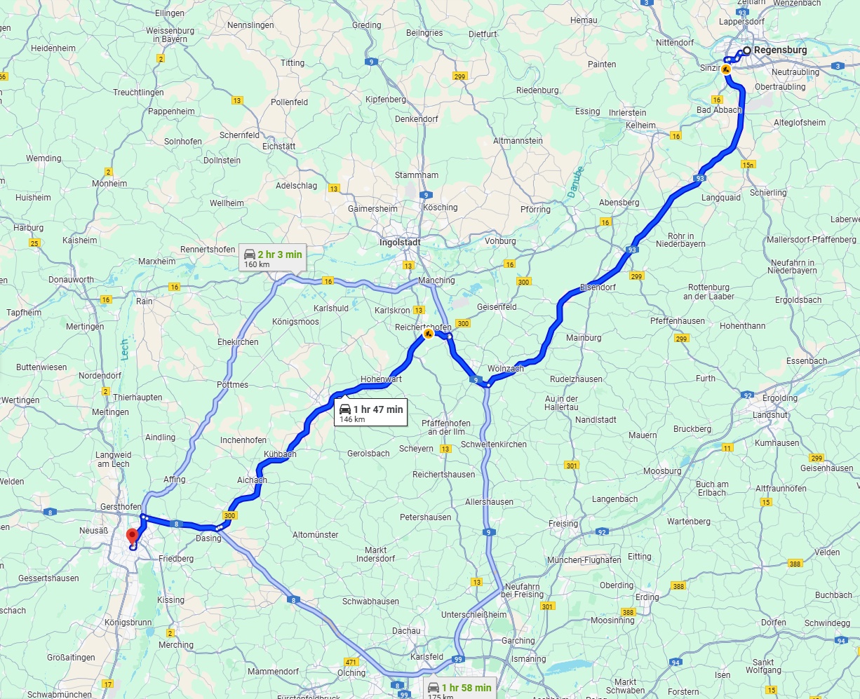 Anreise von Regensburg Zu Augsburg Über via A93 and B300
