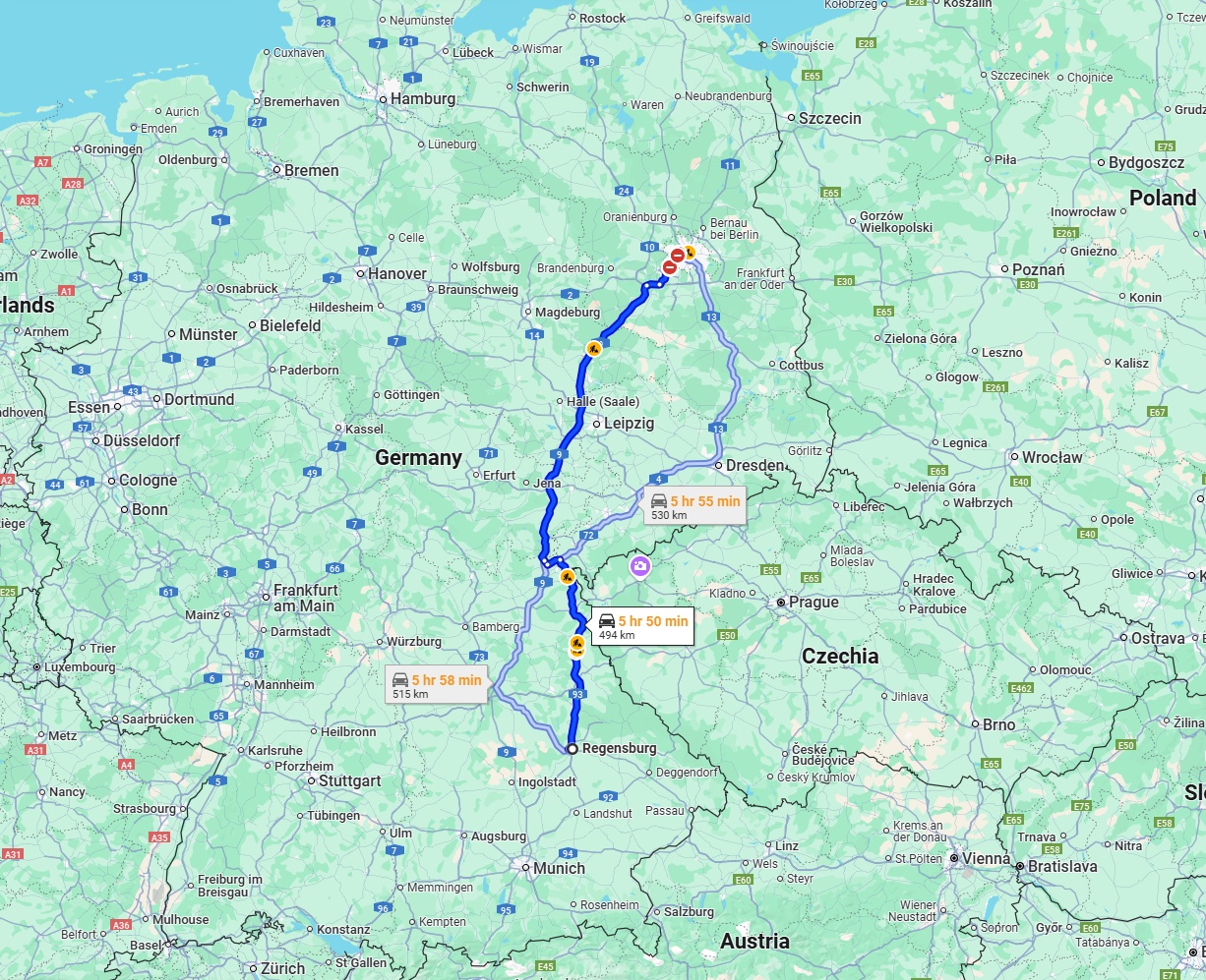 Anreise von Regensburg Zu Berlin Über via A93 and A9
