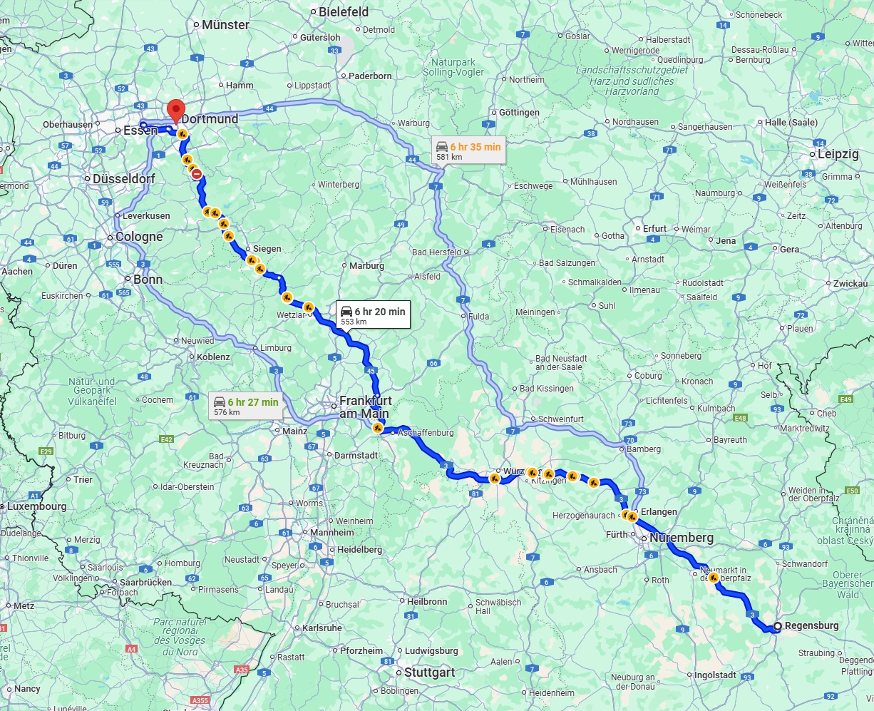 Anreise von Regensburg Zu Bochum Über via A3 and A45