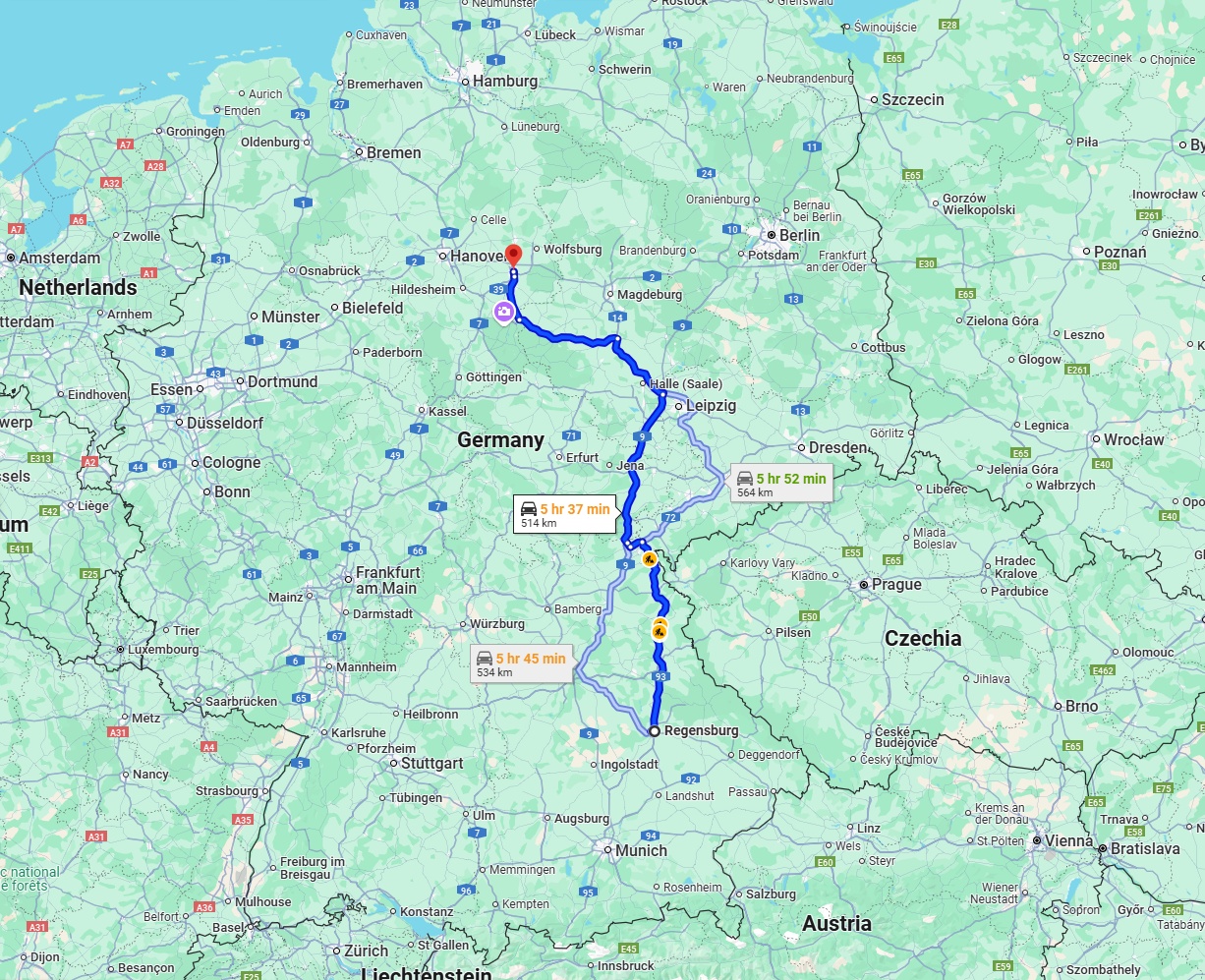 Anreise von Regensburg Zu Braunschweig Über via A93 and A9