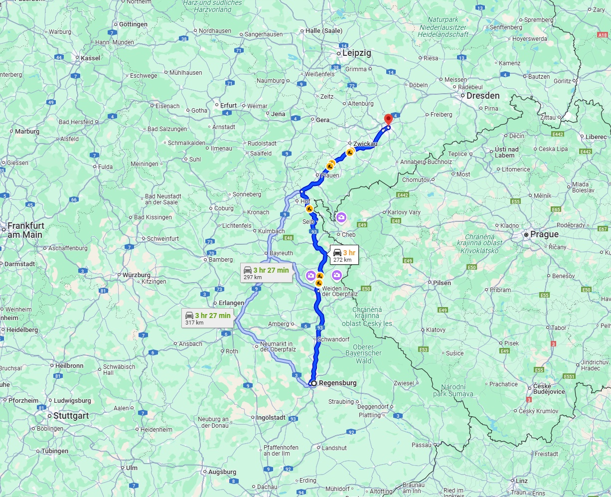 Anreise von Regensburg Zu Chemnitz Über via A93 and A72