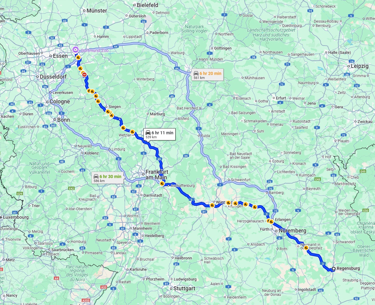 Anreise von Regensburg Zu Dortmund Über via A3 and A45